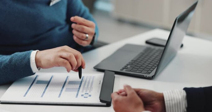 Hands, doctor and discussion with clipboard for documents, admin and report by laptop at clinic. People, prescription and review notes with healthcare info for referral, pills and advice at hospital