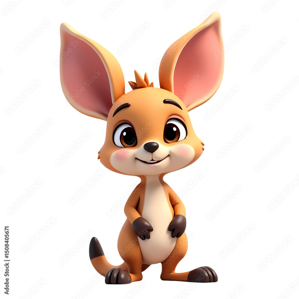 Poster cartoon kangaroo character standing upright with large ears and a smiling expression on a black back