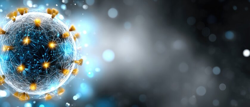 vaccine virus efficacy concept. Abstract illustration of a virus with glowing elements against a blurred background.