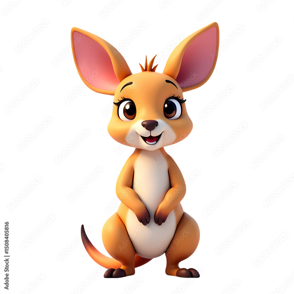 Poster a cartoon kangaroo with large ears standing upright on a black background with a gentle smile on its