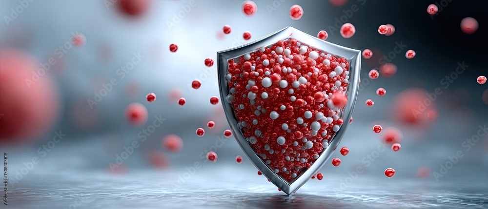 Poster vaccine virus efficacy concept. digital shield with floating particles representing protection and h