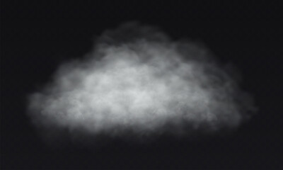 Vector white cloud. Fog smoke effect on transparent dark background.