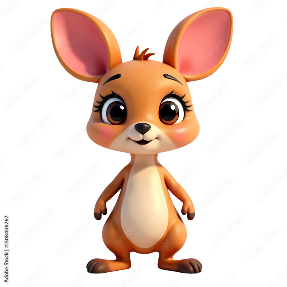 Poster a cartoon kangaroo standing upright with big eyes and ears on a black isolated background image rend