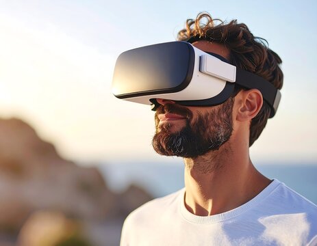 Man with beard uses VR headset outdoors at sunset