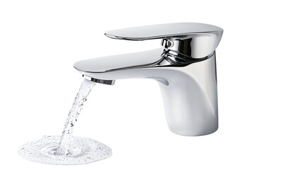 A chrome water faucet with clean water flowing out, isolated against a black background. The stream creates a circular splash