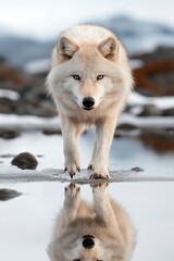 Naklejka premium Majestic arctic wolf walks along a tranquil shoreline reflecting its beauty in calm water during a chilly morning Generative AI