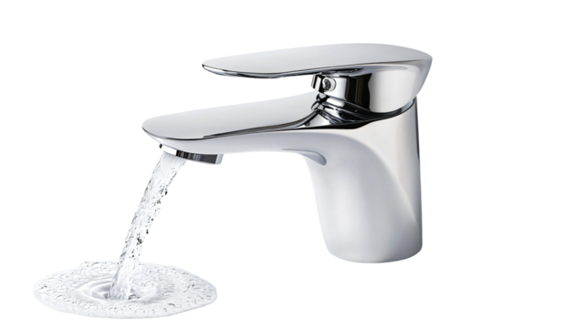 A chrome water faucet with clean water flowing out, isolated against a black background. The stream creates a circular splash