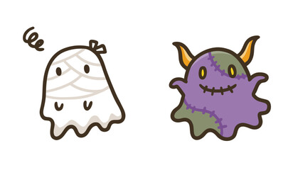 かわいいハロウィンのミイラおばけとゾンビおばけのイラスト素材