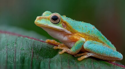 Vibrant small tree frog with turquoise-blue back, yellow sides, and creamy white underbelly perched on a large green leaf with red veins, showcasing prominent round eyes with dark iris and golden-brow