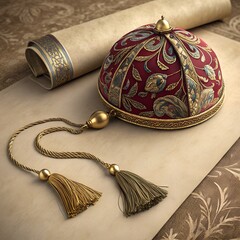Mughal design with velvet ends and gold tassels, parchment texture, studio shadows. Perfect for invitation card design, banner, poster, web page, wallpaper, background.
