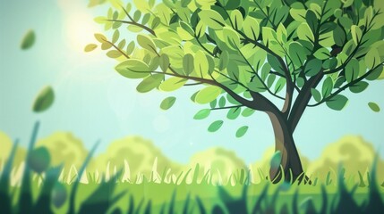 Fototapeta premium A cartoon tree with green leaves and a brown trunk, standing in a grassy field with a blue sky in the background.