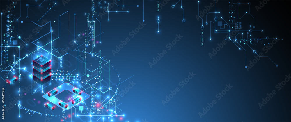Poster Digital circuit visualization vector background.  Blue board pattern with interconnected lines, nodes, and binary code.