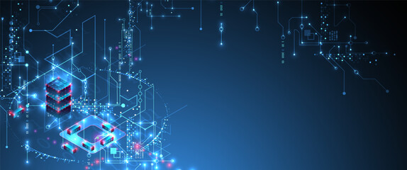 Digital circuit visualization vector background.  Blue board pattern with interconnected lines, nodes, and binary code.