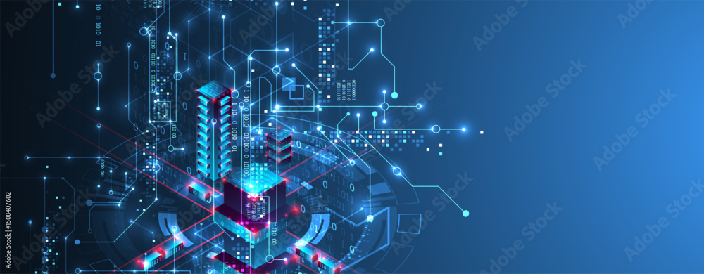Leinwandbilder Digital circuit visualization vector background.  Blue board pattern with interconnected lines, nodes, and binary code.