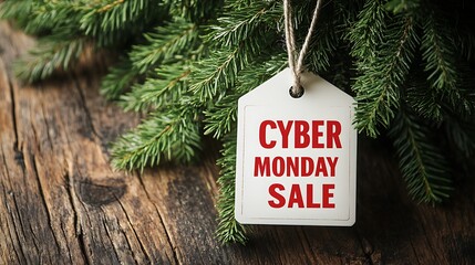 White sale tag with bold red Cyber Monday text hanging on green pine branches with rope over rustic wooden background for seasonal holiday discount