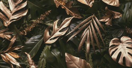 Creative nature background. Gold and green tropical Monstera and palm leaves. Minimal summer...