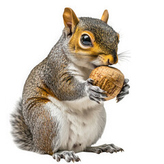Obraz premium Cute grey squirrel eating walnut isolated on transparent background