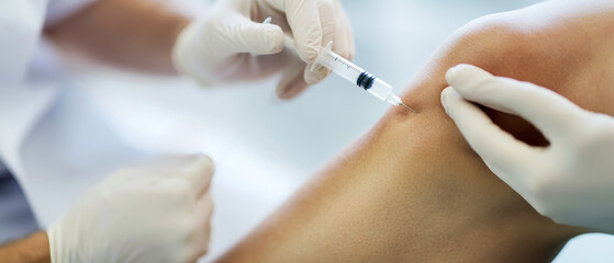 Doctor administering injection on patient's knee with modern equipment in a clinical setting