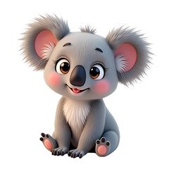 A cute cartoon koala with big eyes and pink cheeks sitting on a black background looking forward isolated on transparent background