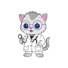 Cute Cartoon Cat Doctor in a White Coat