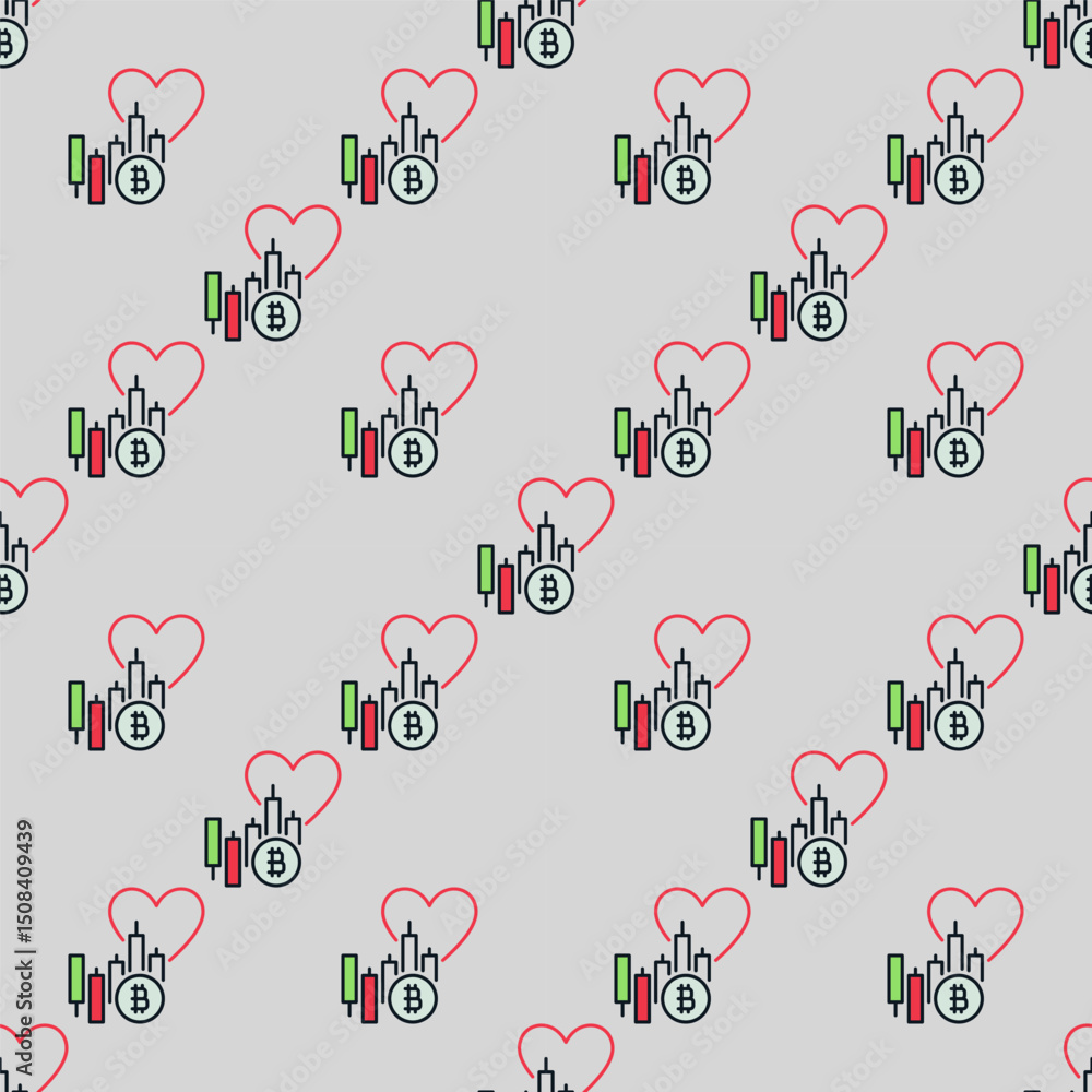 Poster bitcoin market chart with heart vector trading colored seamless pattern