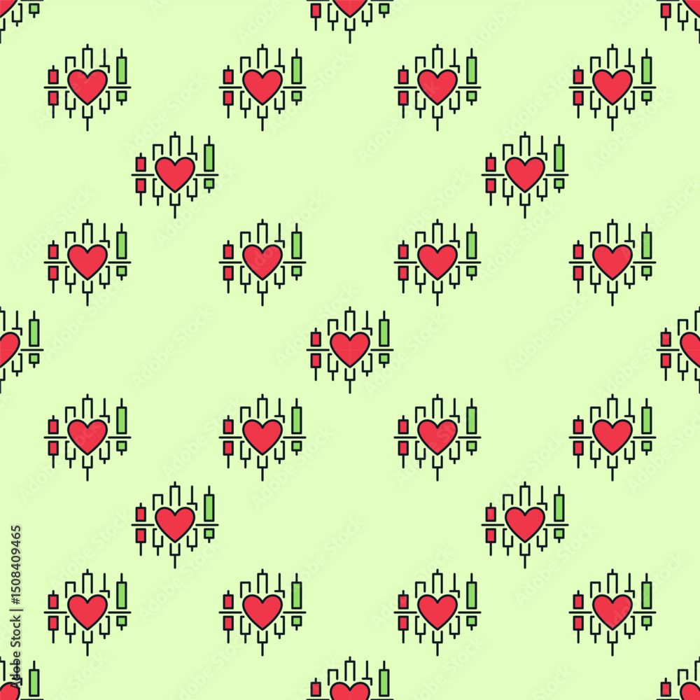 Poster candlestick chart with red heart vector colored seamless pattern