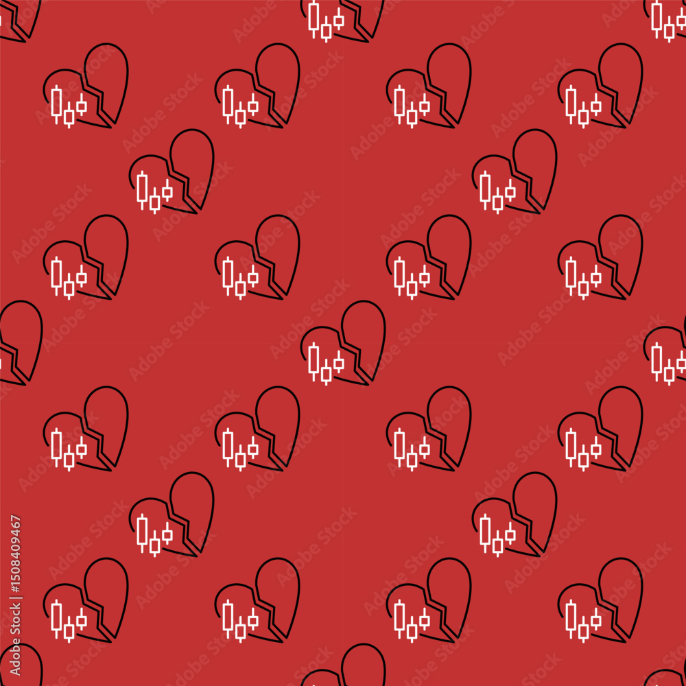 Poster candlestick chart and broken heart vector crypto trading seamless pattern in outline style