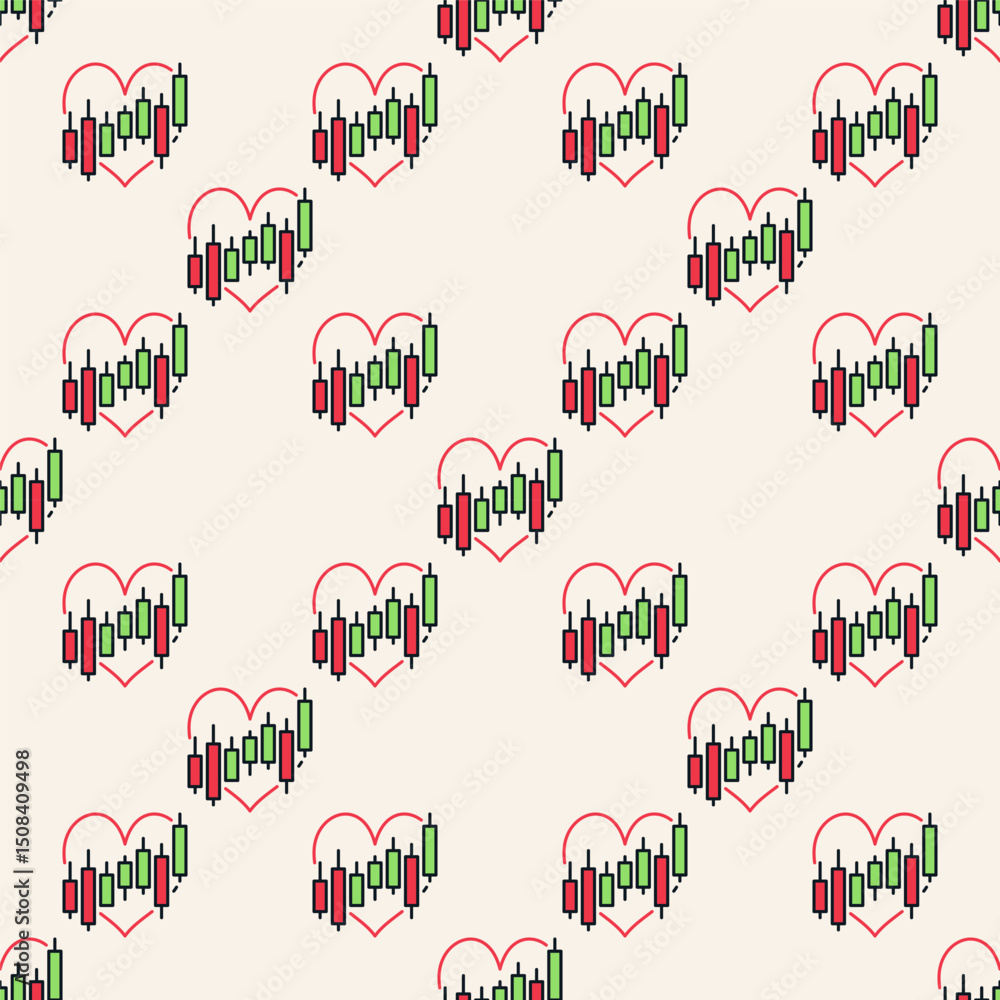 Poster candlestick chart inside red heart vector trading colored seamless pattern
