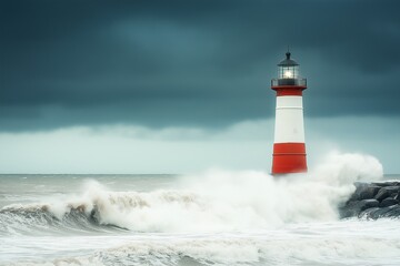 Lighthouse Standing Tall Amid Stormy Sea Waves with Dramatic Sky Background.