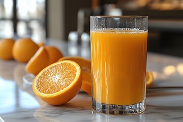 Freshly Squeezed Orange Juice with Whole and Sliced Oranges in a Glass for Breakfast