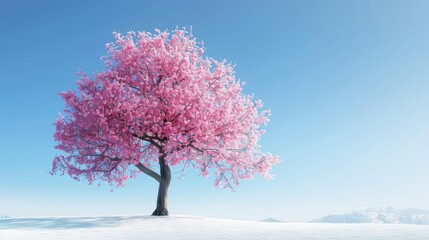 Naklejka premium A pink cherry blossom tree with a clear blue sky in the background.