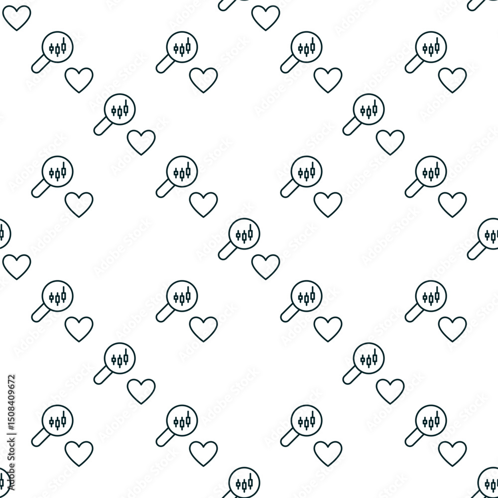 Poster magnifier with candlestick graph and heart vector love for investing seamless pattern in thin line s