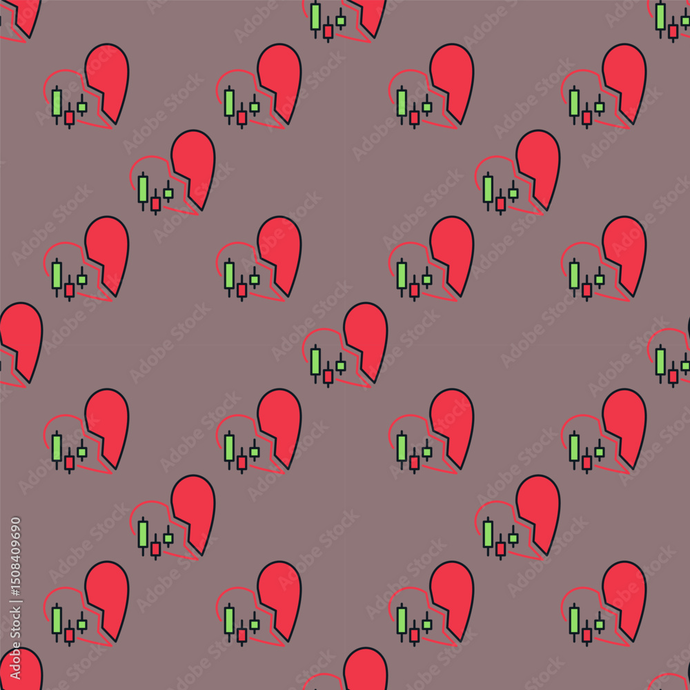 Poster red broken heart with candlestick chart vector i hate crypto trading colored seamless pattern in out