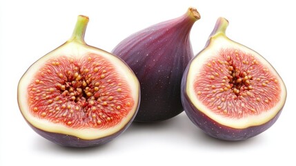 Trio of Fresh Figs One Whole and Two Halves, Showcasing Their Vibrant Red Interior on White
