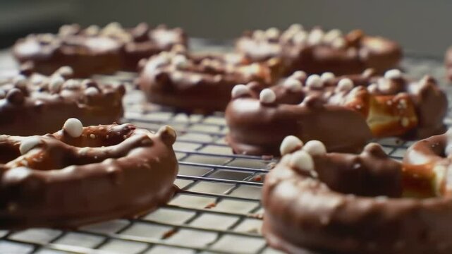 Chocolate-Covered Pretzels on Cooling Rack with Sugar Pearls, Glossy and Fresh