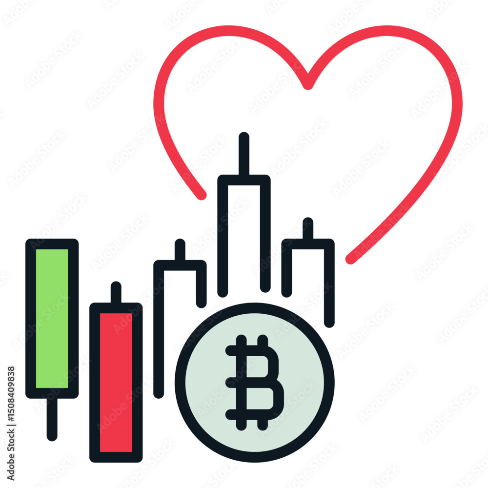 Poster bitcoin market chart with heart vector trading colored icon or design element