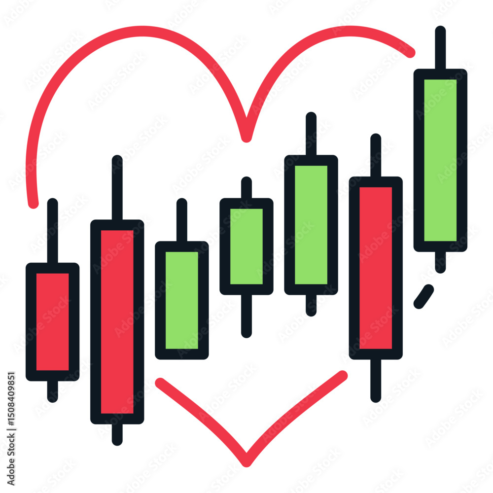 Poster candlestick chart inside red heart vector trading colored icon or design element