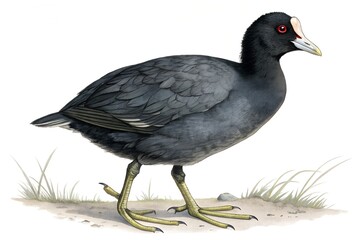 Obraz premium Black crowned crane, pigeon, or coot, a black and white wild bird on water with feathers