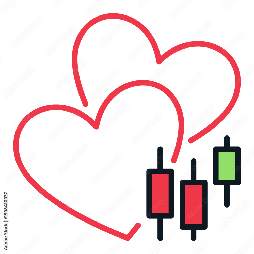 Poster two hearts and candlestick chart vector trading colored icon or design element