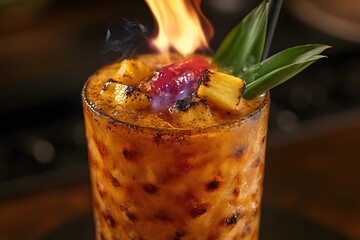 Exotic Flaming Cocktail with Grilled Pineapple and Colorful Garnish for Summer Parties