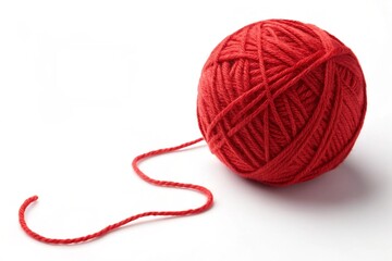 Red yarn ball with loose thread isolated on white background