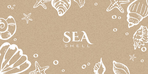 Modern Trendy Banner or Template with Doodle Hand Drawn Sea Shell on Kraft Paper Background. Cute Elegant Seashell Wedding Birthday Invitation Greeting Card Poster. Vector Design Concept Vintage Style