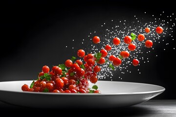 Dynamic Culinary Art: Cherry Tomatoes and Herbs with Salt Splash on Black Background