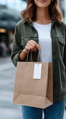Woman holding a brown paper shopping bag with a blank tag, standing in an urban setting.
