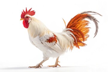 Fototapeta premium Majestic rooster with white and orange feathers isolated on white background