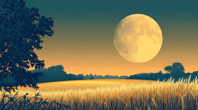 Golden wheat field under a luminous moon. - Powered by Adobe