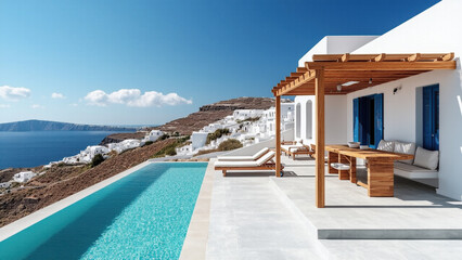Fototapeta premium A luxurious white villa with turquoise window shutters and a wooden pergola overlooks a stunning coastal view, featuring an inviting infinity pool and sun loungers under the bright sun.