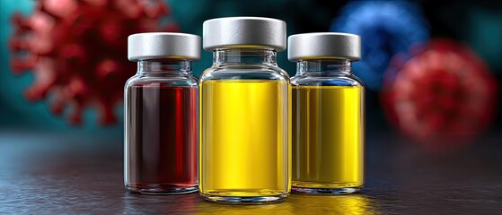 vaccine virus trial concept. Three colorful vials with stoppers against a blurred background, suggesting medical or scientific use.