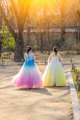 Rear view of two young women wearing traditional Korean hanbok walking around the historic Gyeongbokgung Palace in Seoul, South Korea.