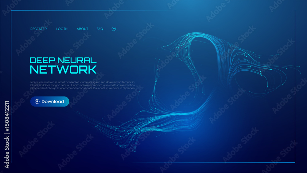 Fototapete Neural network background with AI data in abstract tech waves. Blue science with artificial flow and digital light vector lines. Future graphic technology pattern in 3D banner concept design.